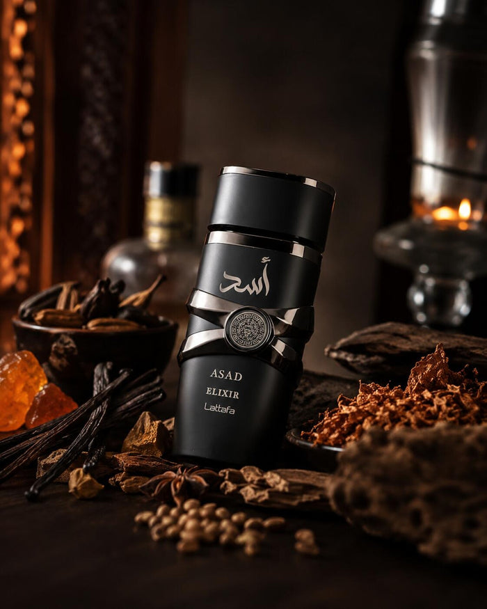 Asad Elixir Lattafa Para Hombre 100 ml - frasco y presentación