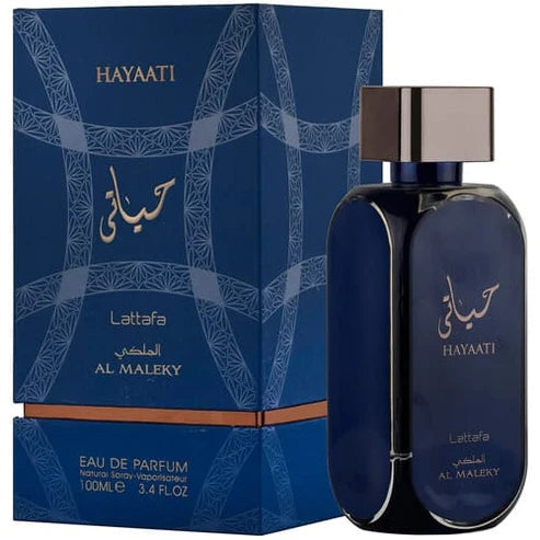 Hayaati Al Maleky Lattafa Unisex 100 ml - frasco y presentación