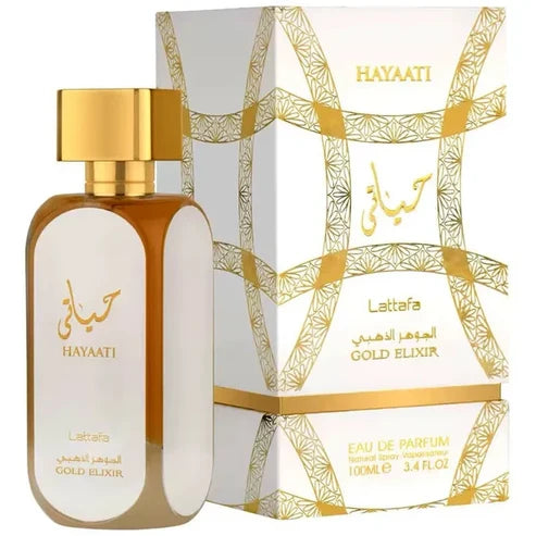 Hayaati Gold Elixir Lattafa Unisex 100 ml - frasco y presentación