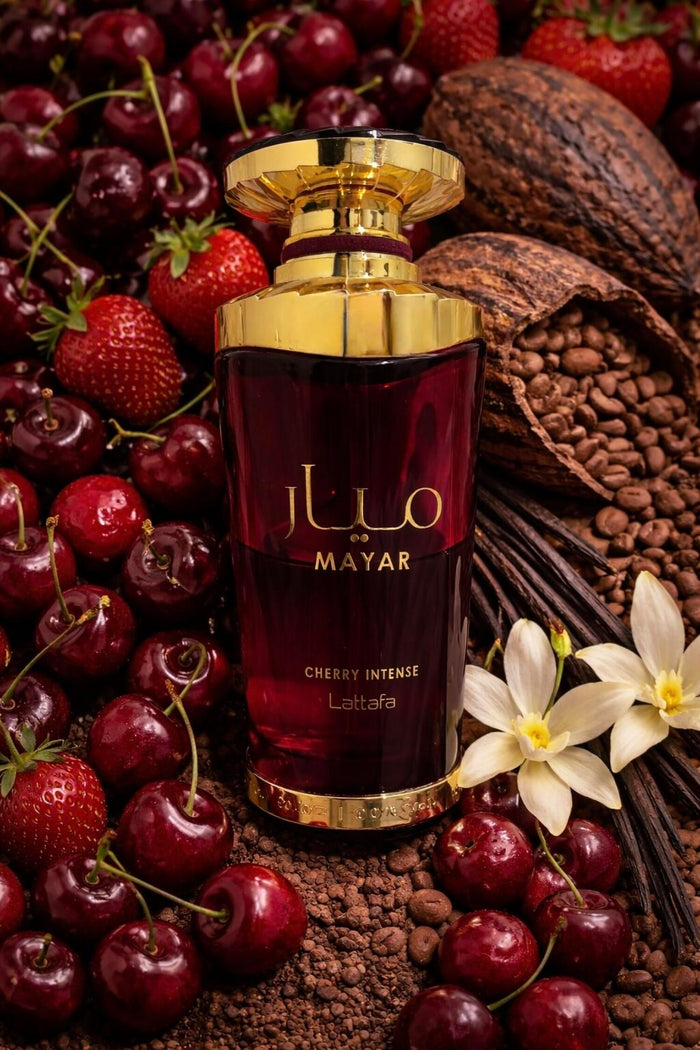 Mayar Cherry Intense Lattafa Para Mujer 100 ml - frasco y presentación